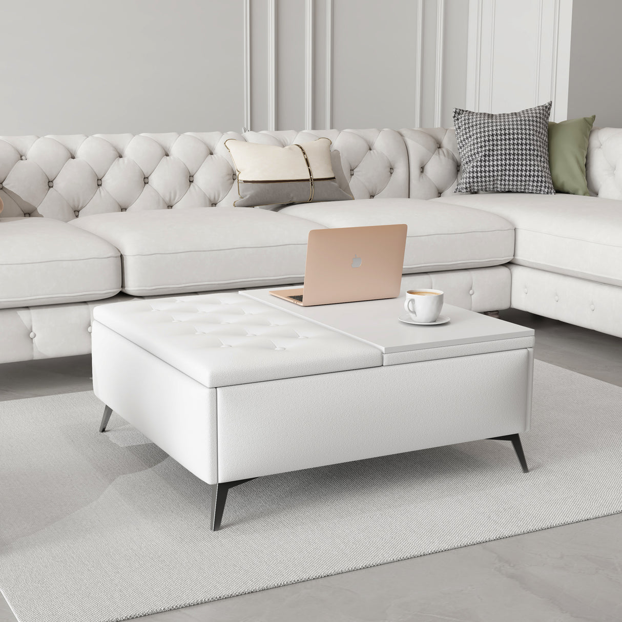 35 inch Wide Square storage benches Coffee Table with Lift Top Oversized Storage Ottoman in Upholstered for Living Room - V.I.P Digital Presence