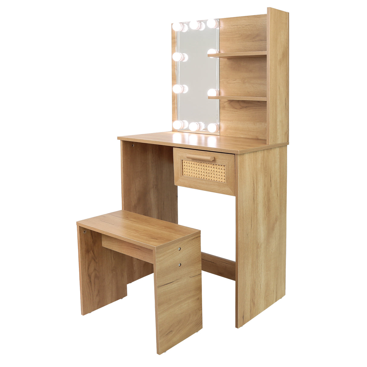 Vanity Desk Set Stool & Dressing Table with LED Lighting Mirror Drawer and Wood Cosmetic Table Chest of Drawers Nature Color - V.I.P Digital Presence