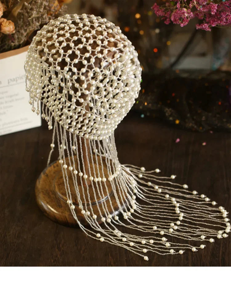 Handmade hollowed out headpiece performance pearl tassel hat - V.I.P Digital Presence