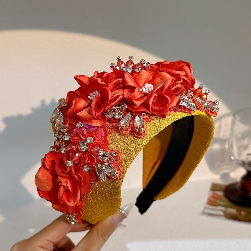 Fashionable solid color fabric flower oversized wide edged crystal headband - V.I.P Digital Presence