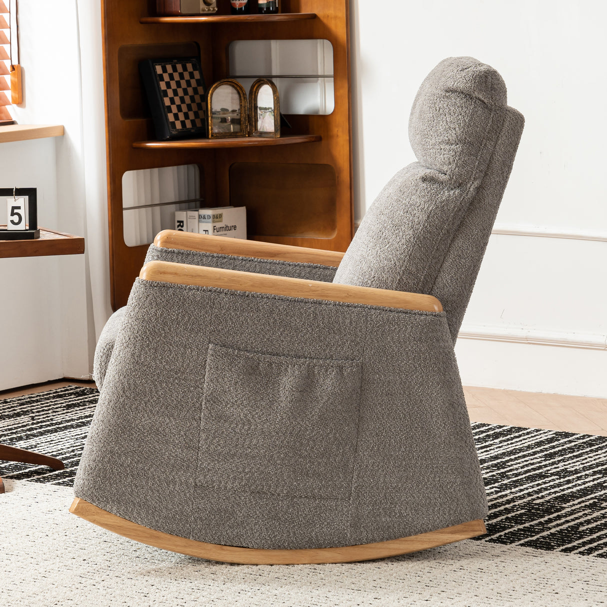 Accent Rocking Chair with Footrest High Back Rubber Wood Rocking Legs Bedroom Living Space 38.6D X 26.8W X 40.6H Inch - V.I.P Digital Presence