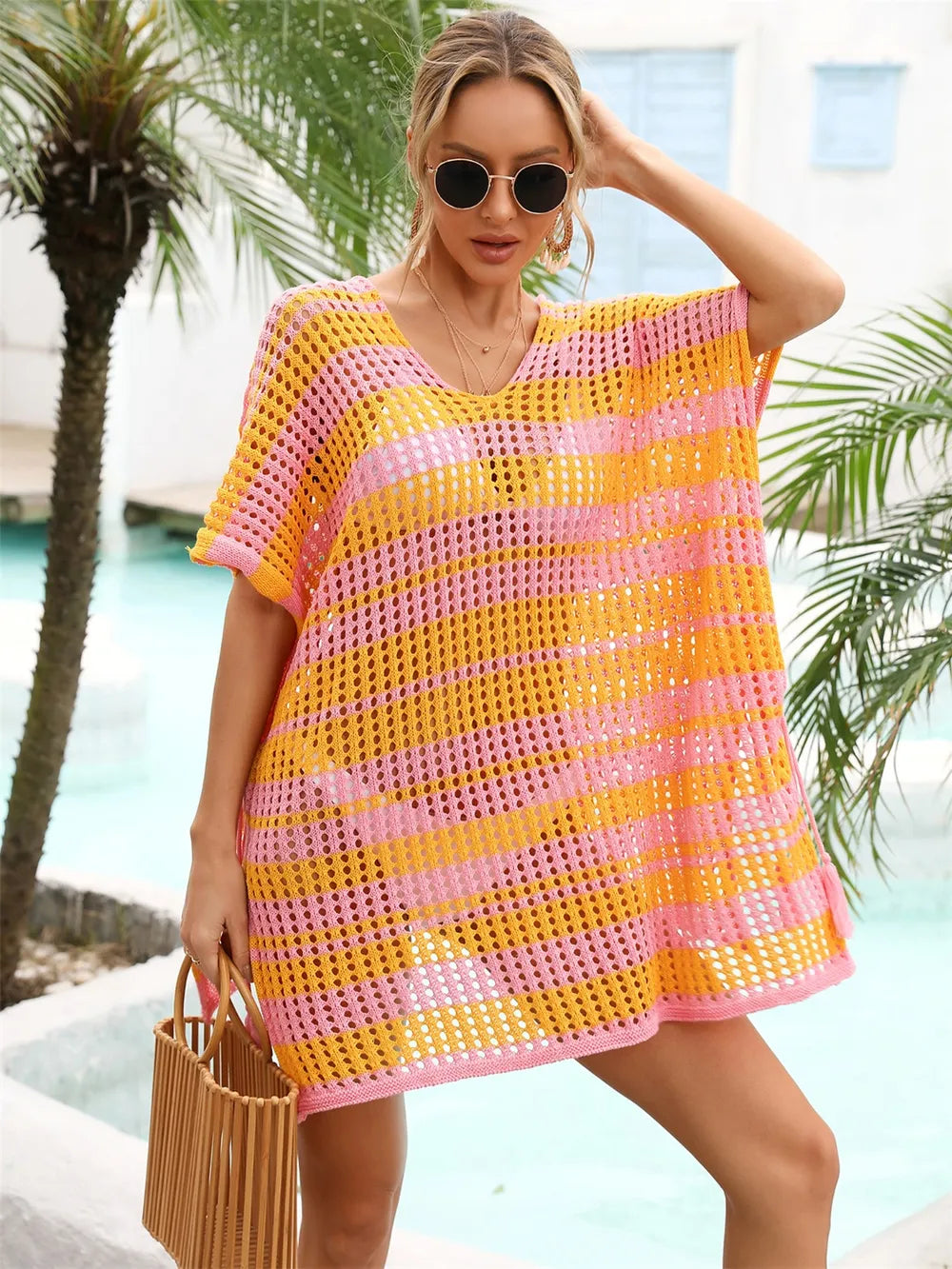 Tassel Openwork Striped V-Neck Cover Up - V.I.P Digital Presence