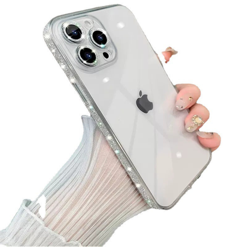 Sparkling pink border phone case transparent and suitable for Apple 14proMax creative mirror 13 glass protective case - V.I.P Digital Presence