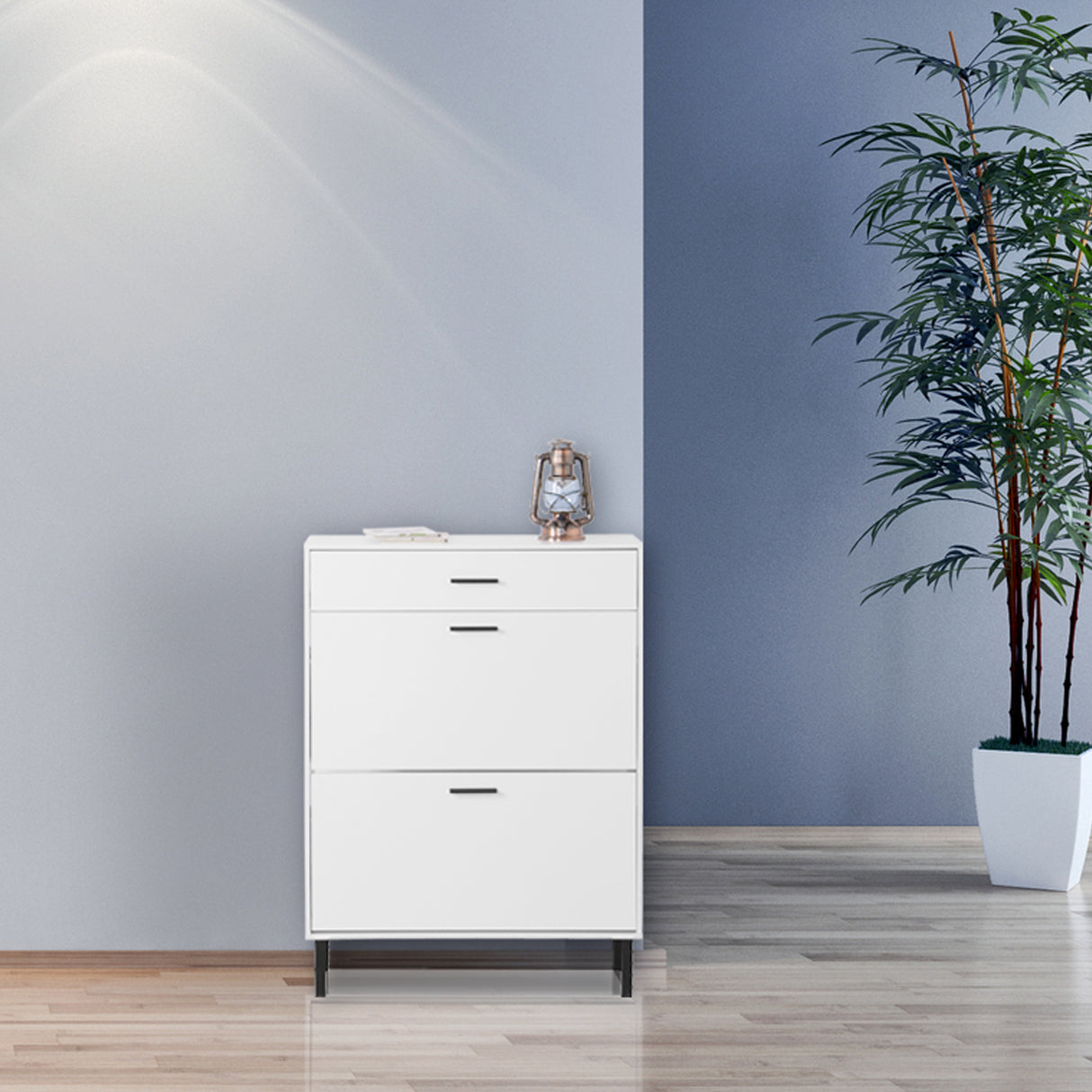 Independent shoe rack storage box with drawers and metal legs, modern shoe cabinet with 2 flippable drawers - V.I.P Digital Presence