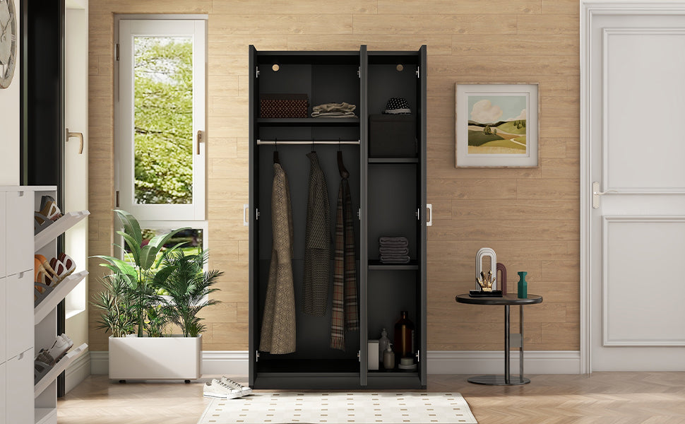3 Door Wardrobe with Mirror, Armoire with Hanging Rod and 3 Fixed Shelves,Black - V.I.P Digital Presence