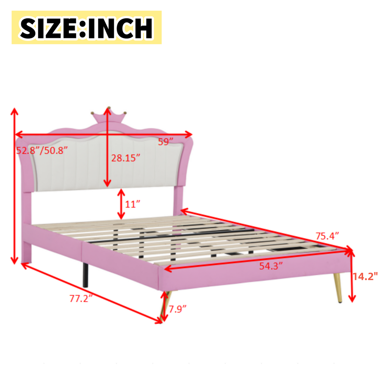 Full Size Upholstered Bed Frame with LED Lights, Modern Upholstered Princess Bed with Crown Headboard, Pink+White - V.I.P Digital Presence