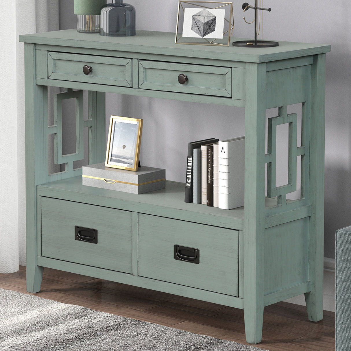 36'' Farmhouse Pine Wood Console Table Entry Sofa Table with 4 Drawers & 1 Storage Shelf (Retro Blue) - V.I.P Digital Presence