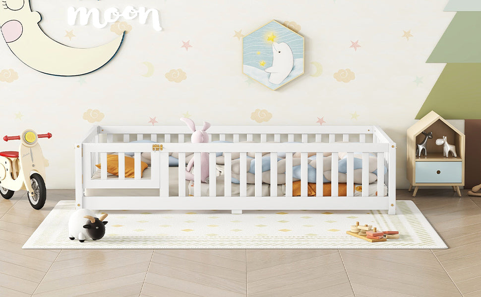 Twin Size Bed Floor Bed with Safety Guardrails and Door for Kids, White - V.I.P Digital Presence