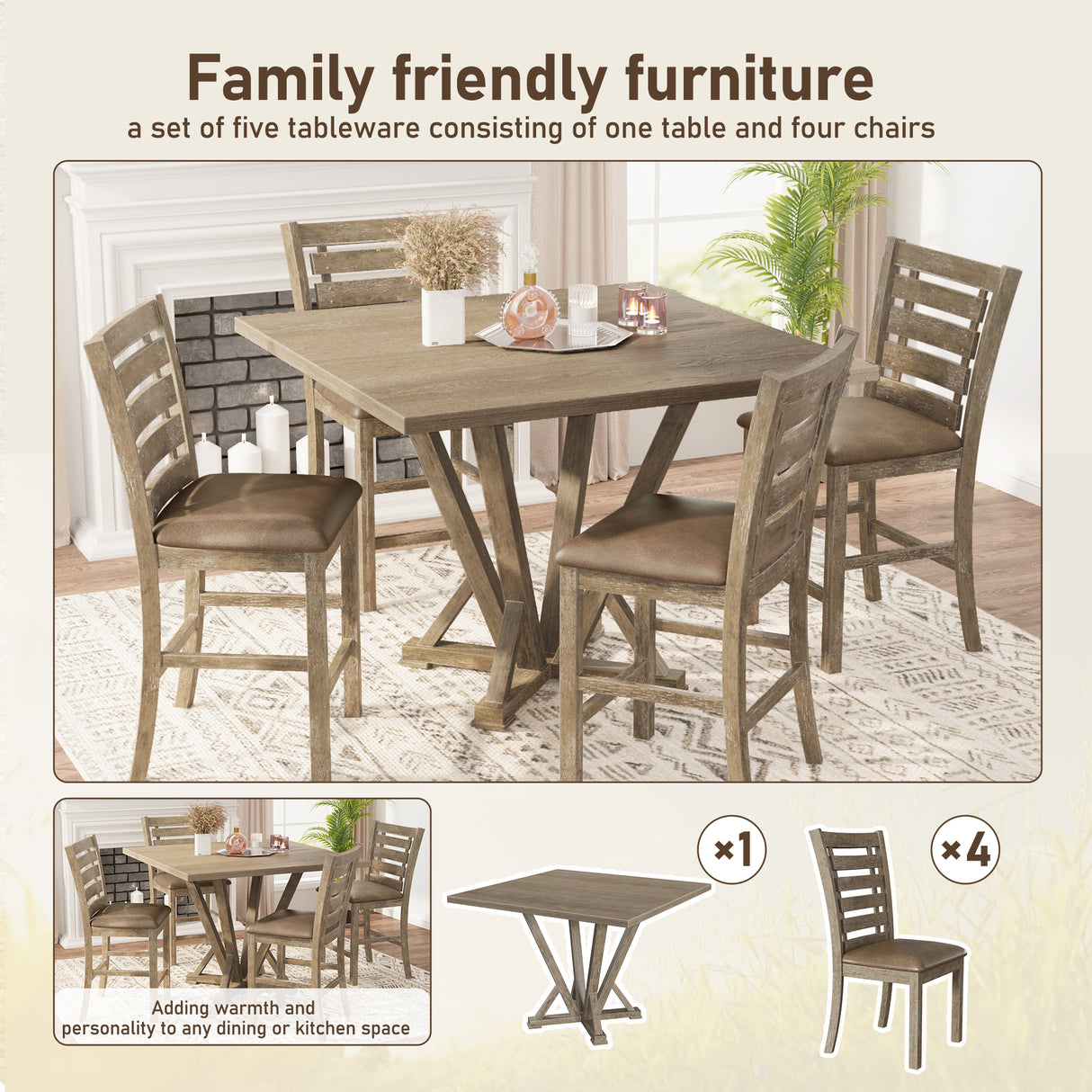 Set of 2 Dining Counter Height Chairs Modern Farmhouse Rustic Look Distressed Design Ladderback Solid Wood - V.I.P Digital Presence