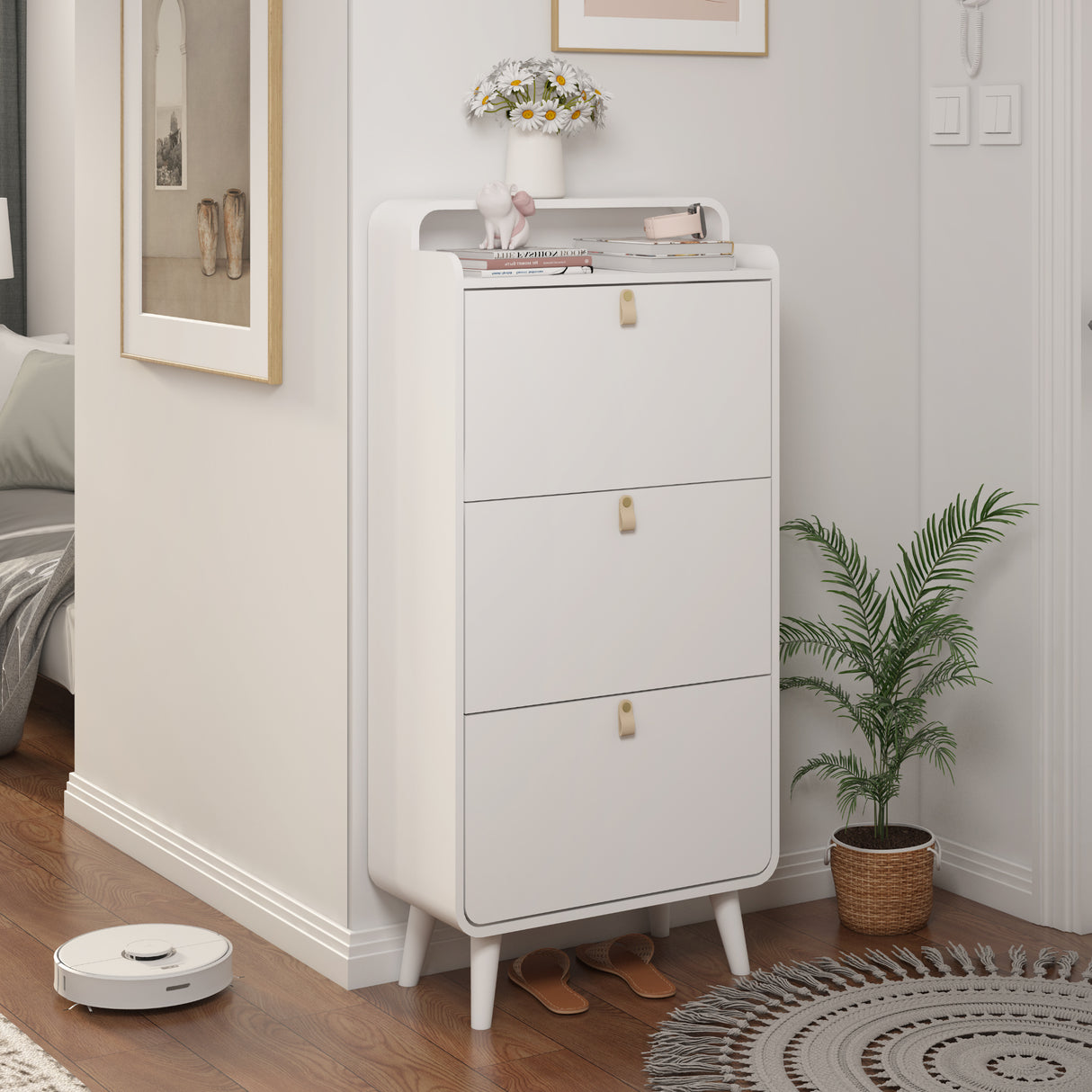 Modern Arc Design Shoe Cabinet With 3 Drawers,Shoe Storage Cabinet for Entryway,Outdoor,White Finish - V.I.P Digital Presence