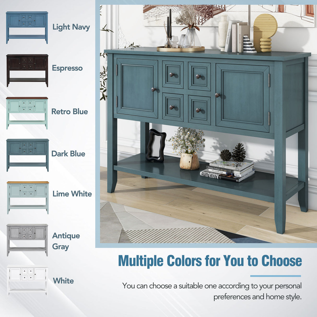 REXM Cambridge Series Spacious Storage Retro Console Desk with Four Small Drawers and Bottom Shelf - V.I.P Digital Presence