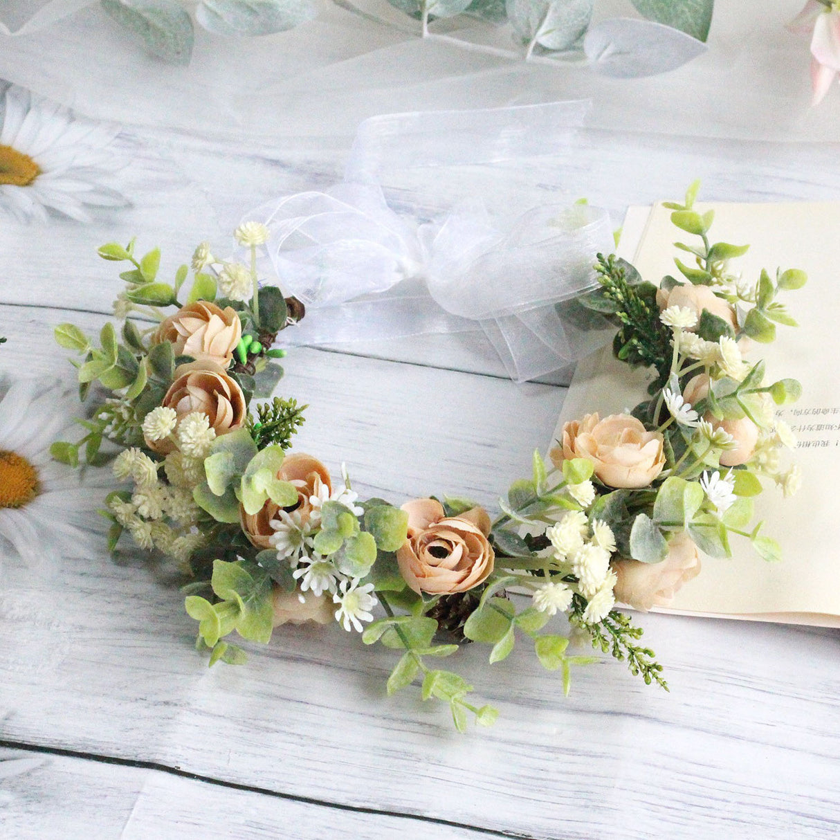 Forest style curled edge rose headband, simulated starry sky, eucalyptus wreath, bride's wedding dress, photography, headwear - V.I.P Digital Presence