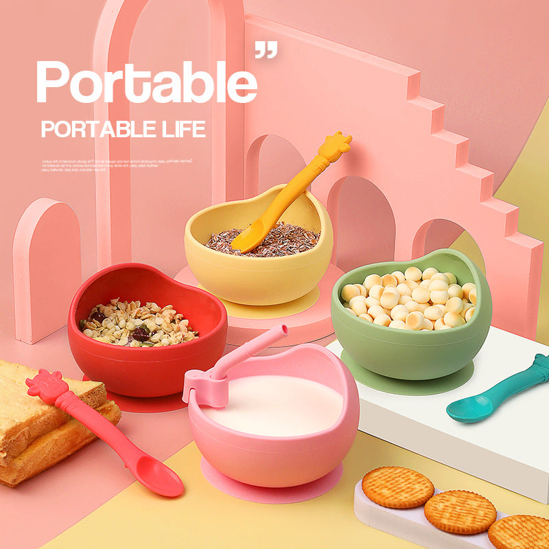 Cuenco de silicona completo para niños con ventosa para aprender a comer, cuenco de entrenamiento, cuchara, tenedor y plato para bebés con adsorción