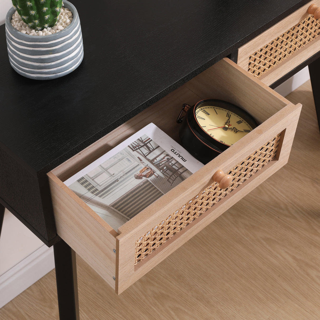 Side table with two real rattan drawers, solid wood table legs,can be used in the dining room, living room,bedroom - V.I.P Digital Presence