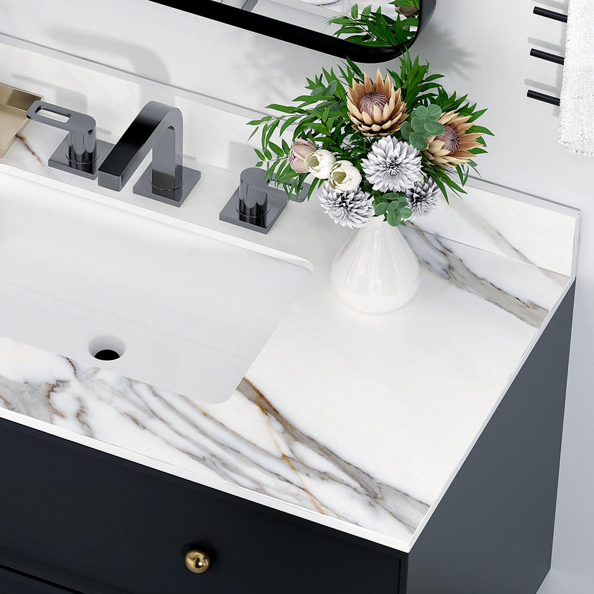 43 inch marble countertop with base rectangular central sink and 4-inch high splash guard, pre drilled 8-inch faucet hole ,white - V.I.P Digital Presence