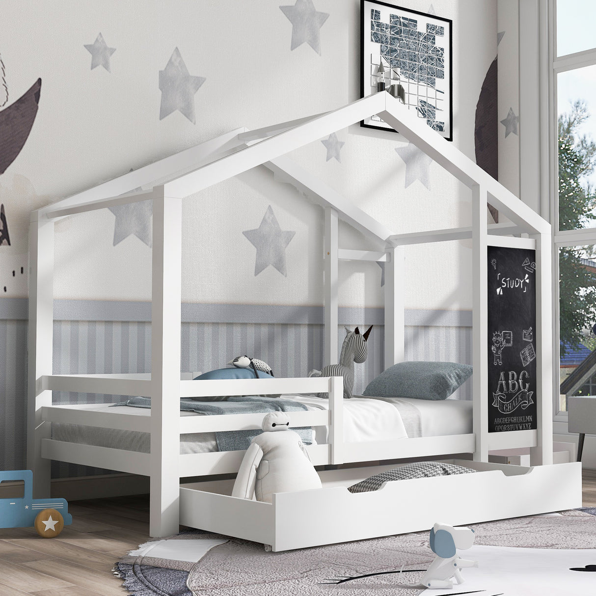 Full House Bed with Blackboard and Drawers Two assembly options White - V.I.P Digital Presence