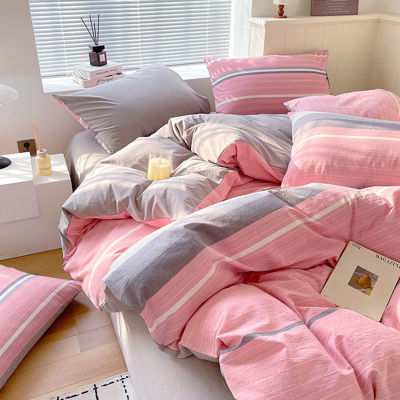 Juego de ropa de cama de algodón lavado teñido de algodón puro de clase A, sábana plana, funda de edredón, sábana ajustable, funda de edredón, juego de tres piezas a rayas