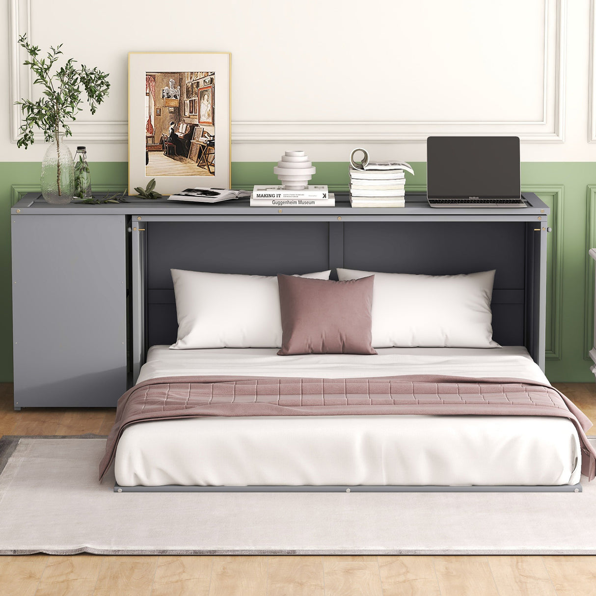 Queen Size Murphy Bed with Rotable Desk Gray