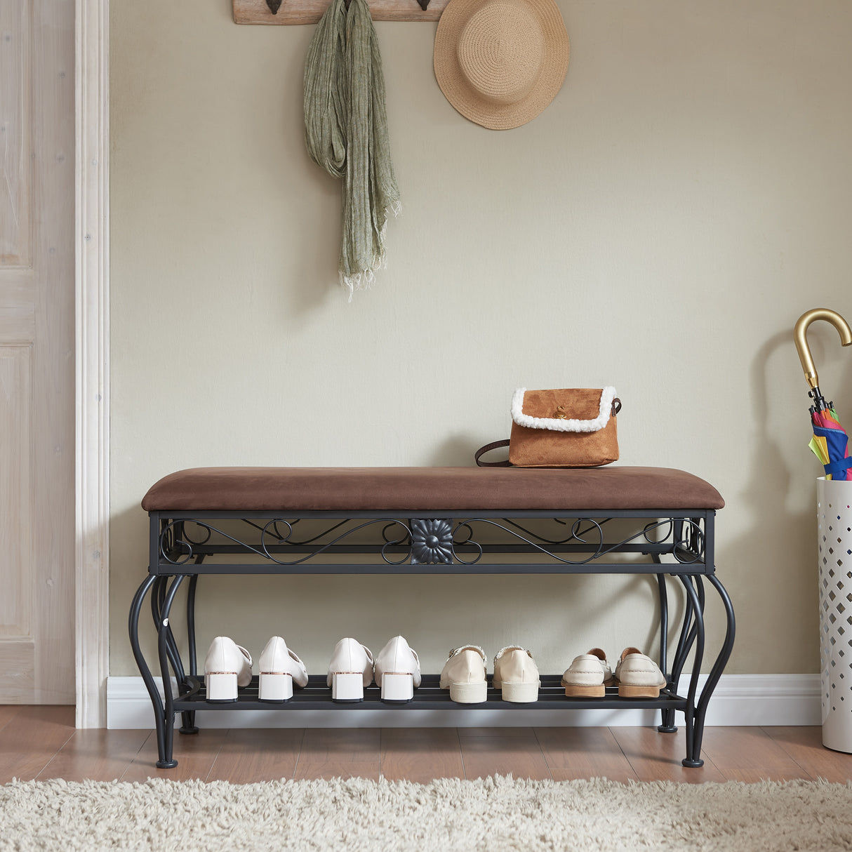 Shoe rack workbench for entrance, industrial workbench, rustic shoe rack for small spaces, padded entrance workbench - V.I.P Digital Presence