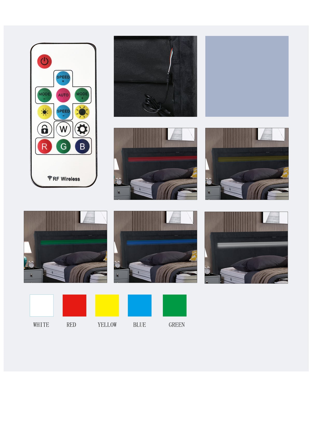 LED light with remote control and color changing at the head of the bed. The bed is firm and stable and easy to assemble - V.I.P Digital Presence