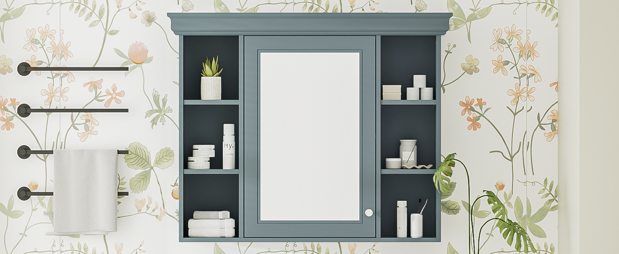35 ''x 28' 'blue wall mounted bathroom storage cabinet with mirror door and medication cabinet with 6 open shelves - V.I.P Digital Presence