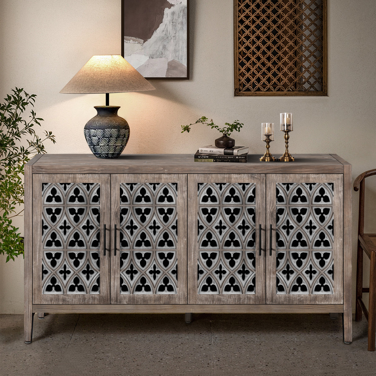 Hollow Four Door Antique Cabinet, American Country Style, Suitable for Living Room, TV Cabinet, Kitchen (Brown) - V.I.P Digital Presence