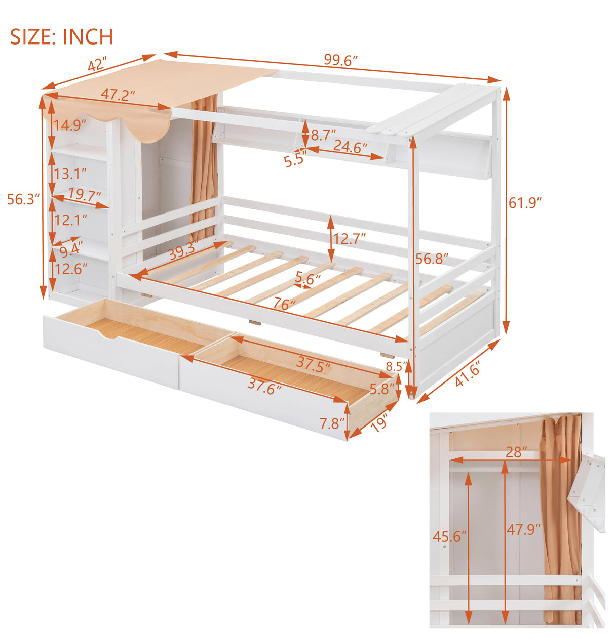 Twin size House Bed with Two Drawers and Wardrobe,White - V.I.P Digital Presence