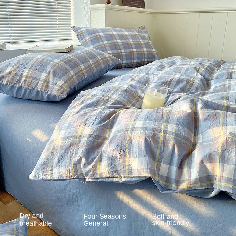 Juego de ropa de cama de algodón lavado teñido de algodón puro de clase A, sábana plana, funda de edredón, sábana ajustable, funda de edredón, juego de tres piezas a rayas