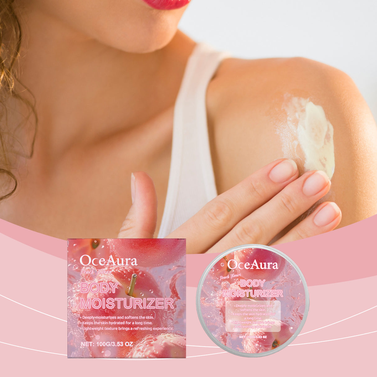 Crema hidratante corporal de melocotón, tratamiento hidratante, refrescante y reafirmante.