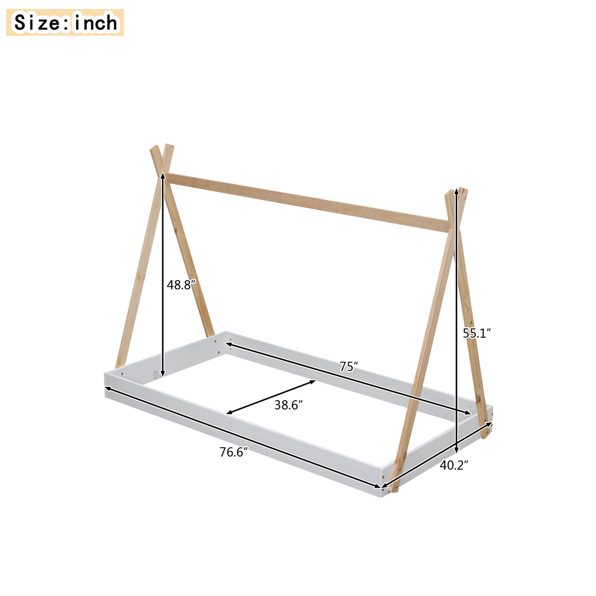 Twin Size Tent Floor Bed with Triangle Structure White+Natural