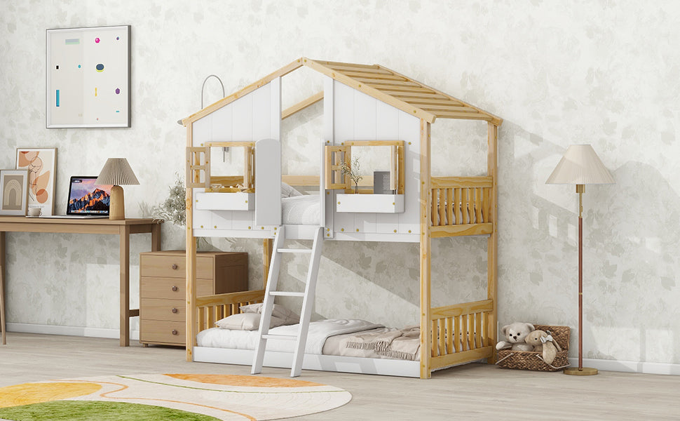 Twin over Twin House Bunk Bed with Roof , Window, Window Box, Door , with Safety Guardrails and Ladder, Natural/White - V.I.P Digital Presence