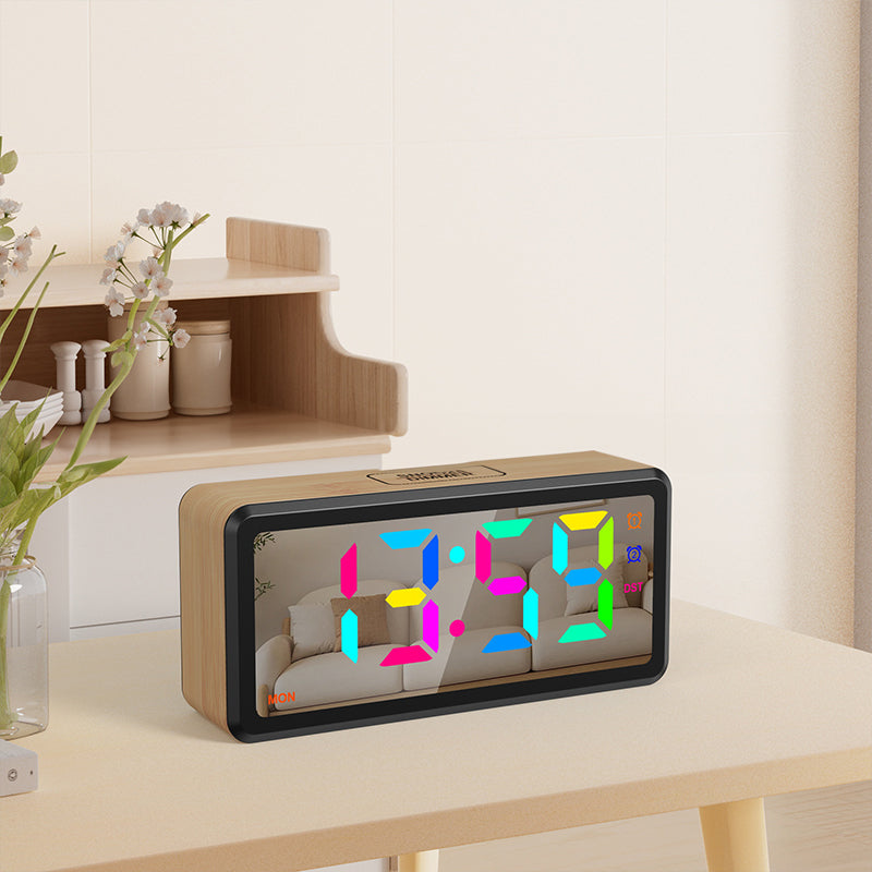 LED Wood-Grain Wooden Clock, RGB Color-Changing Dimming, Daylight Saving Time & Week Display, Desktop Electronic Alarm Clock - V.I.P Digital Presence