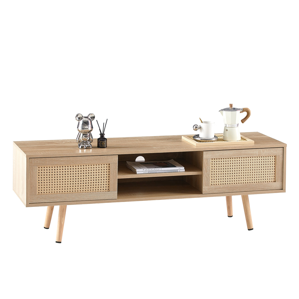 55.12" Rattan TV cabinet double sliding doors for storage adjustable shelf solid wood legs TV console for living room natural - V.I.P Digital Presence