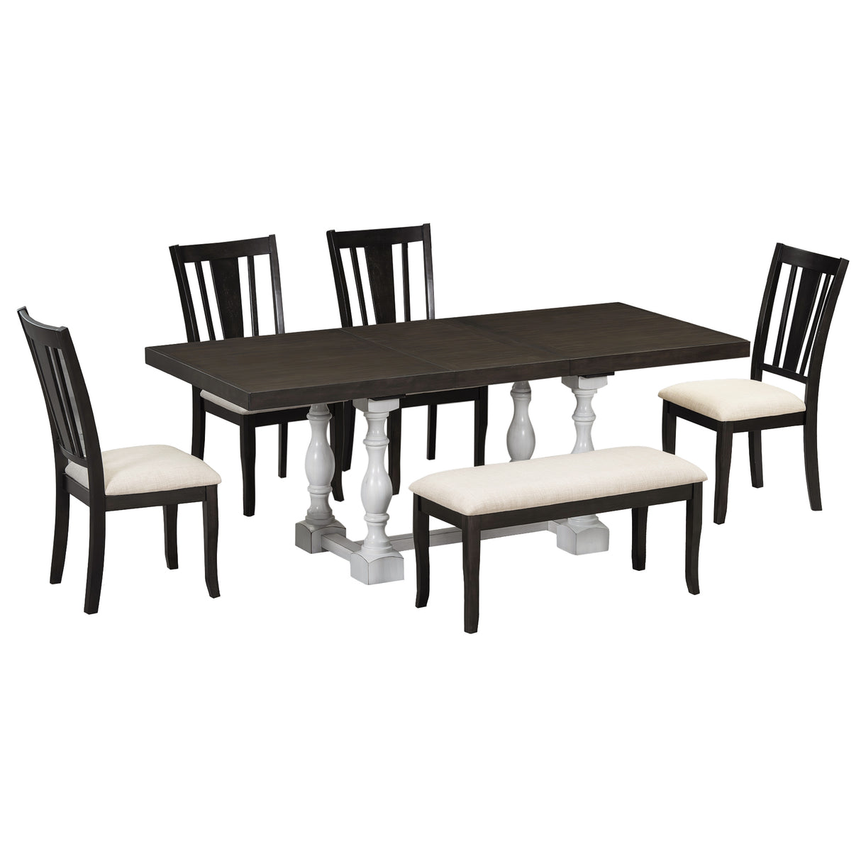 Traditional 6-Piece 78inch Trestle Extendable Dining Table Set with One 18inch Removable Leaf Distressed White - V.I.P Digital Presence