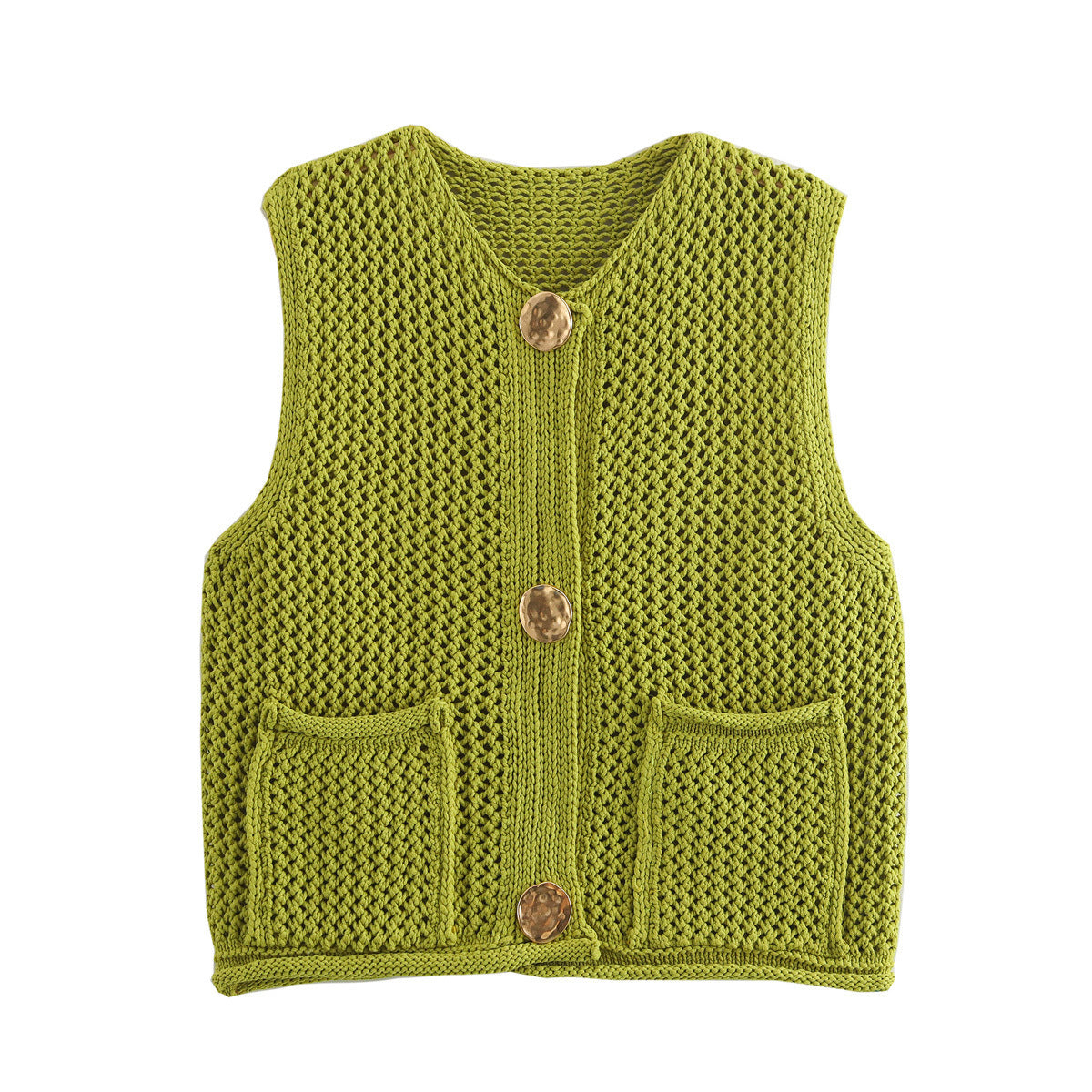 Street Fashion Crochet Hollow Vest Solid Color Versatile Round Neck Jacket - V.I.P Digital Presence