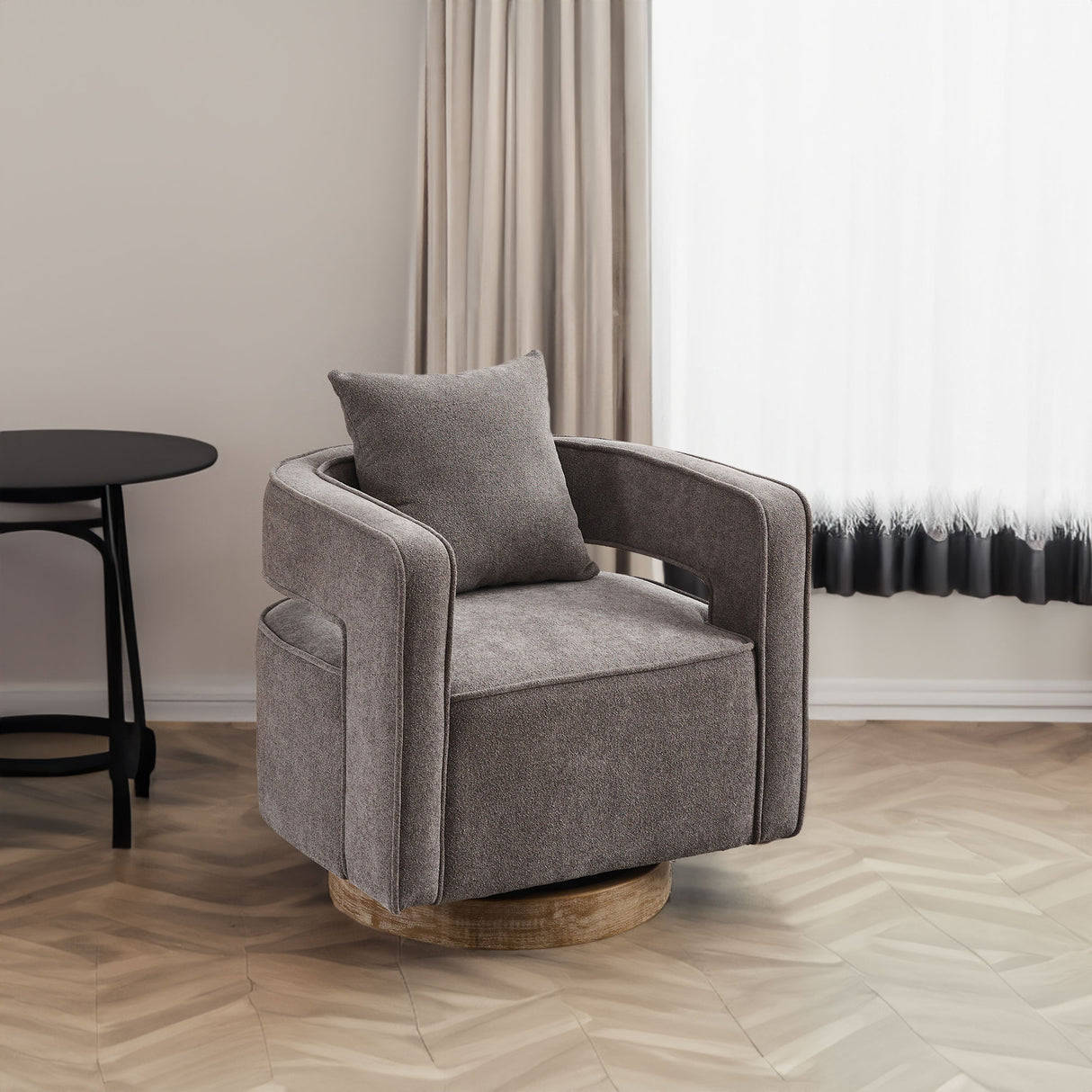 29.1"W Swivel Accent Open Back Chair Modern Comfy Sofa Chair With Weathered Base (Charcoal,Linen Blend) - V.I.P Digital Presence