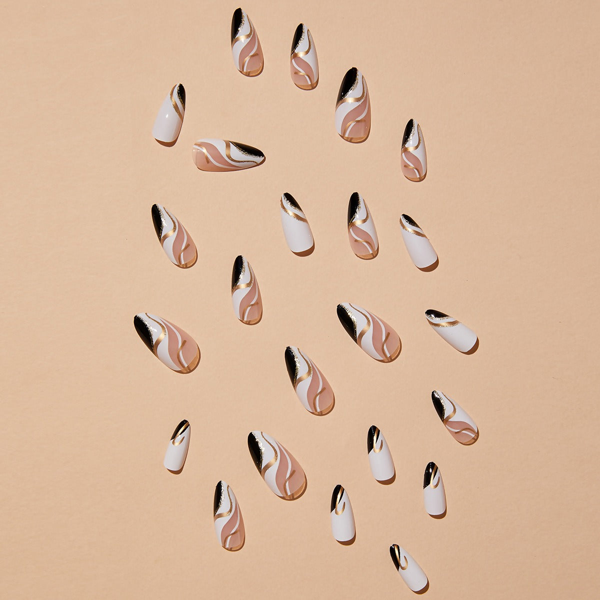 Almond-shaped French edge manicure, mandarin duck color gold corrugated fake nails finished product - V.I.P Digital Presence