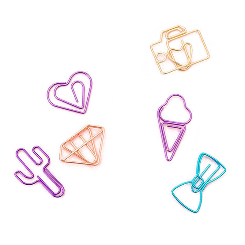 10 piezas/paquete de mini clips de papel con forma de estrella de cactus y helado, clips de carpeta transparentes de metal para papelería kawaii, fotos, tickets, notas y cartas.