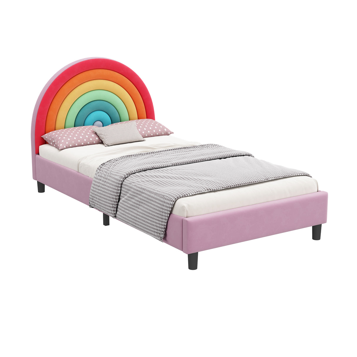 Rainbow Design Upholstered Twin Platform Bed Cute Style Princess Bed for Boys & Girls, Teens, Colorful & Pink - V.I.P Digital Presence