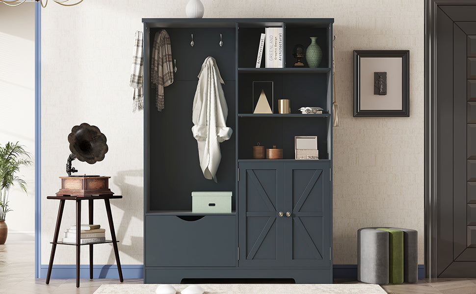 Multi-functional Hall Tree with Storage Shelves Drawers and Cabinet, Elegant Hallway Shoe Cabinet with Bench Antique Blue - V.I.P Digital Presence