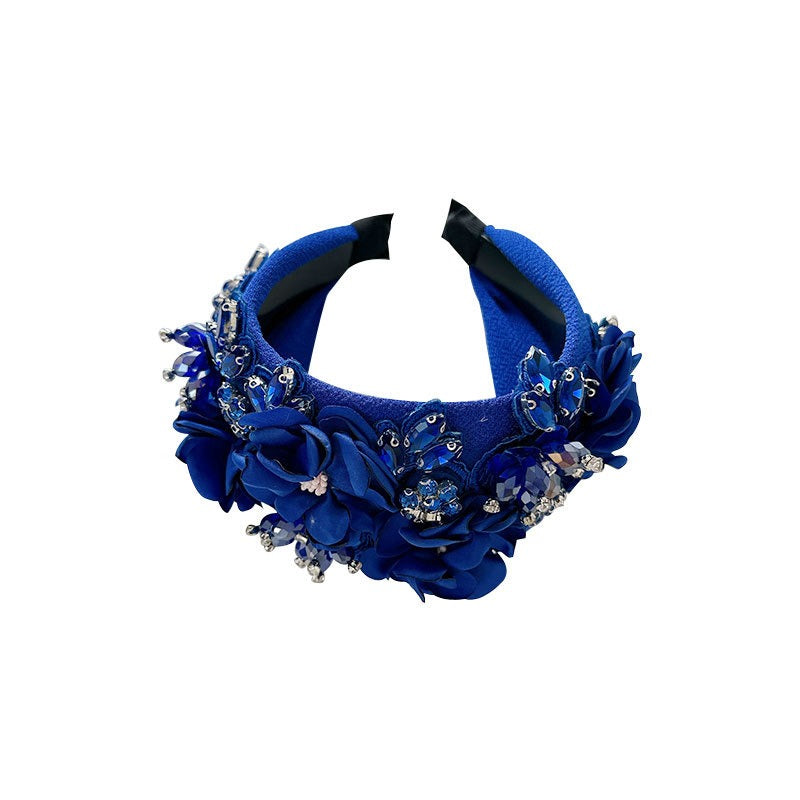 Fashionable solid color fabric flower oversized wide edged crystal headband - V.I.P Digital Presence