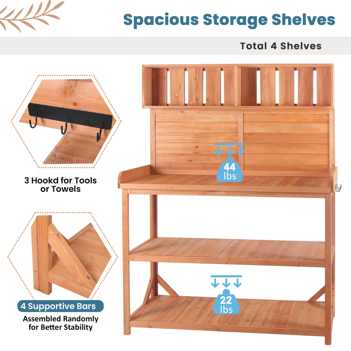 65" Large Wooden Farmhouse Rustic Outdoor Potting Bench Table Garden Potting Bench with 4 Storage Shelves and Side Hook,Natural - V.I.P Digital Presence