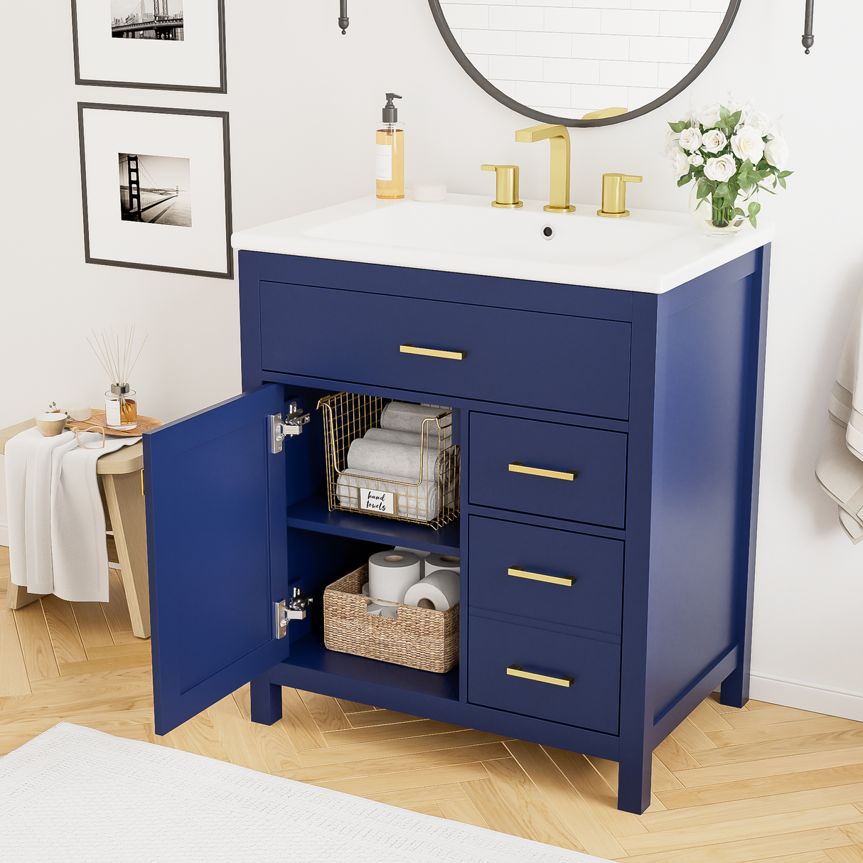 30-Inch Blue Bathroom Vanity with Ceramic Sink and Ample Storage - Ideal Choice for Small Bathrooms - V.I.P Digital Presence