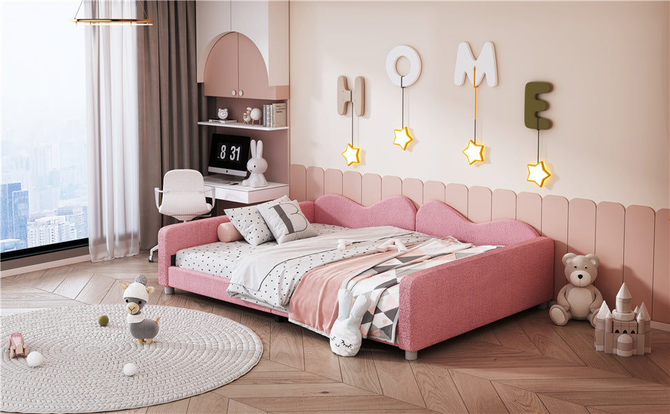 Full size Upholstered Daybed, Sherpa Fabric Sofabed with Cloud-Shaped Backrest, No Box-spring Needed, Pink - V.I.P Digital Presence