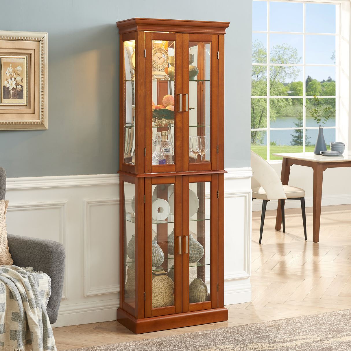 Lighting Curio Diapali cabinet with adjustable shelves, mirror back panel, tempered glass door (without light bulb), walnut wood - V.I.P Digital Presence