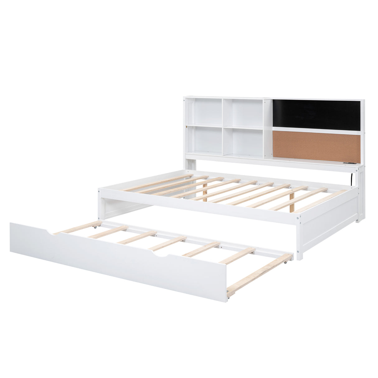 Full Size Daybed with Storage Shelves, Blackboard, Cork board, USB Ports and Twin Size Trundle White