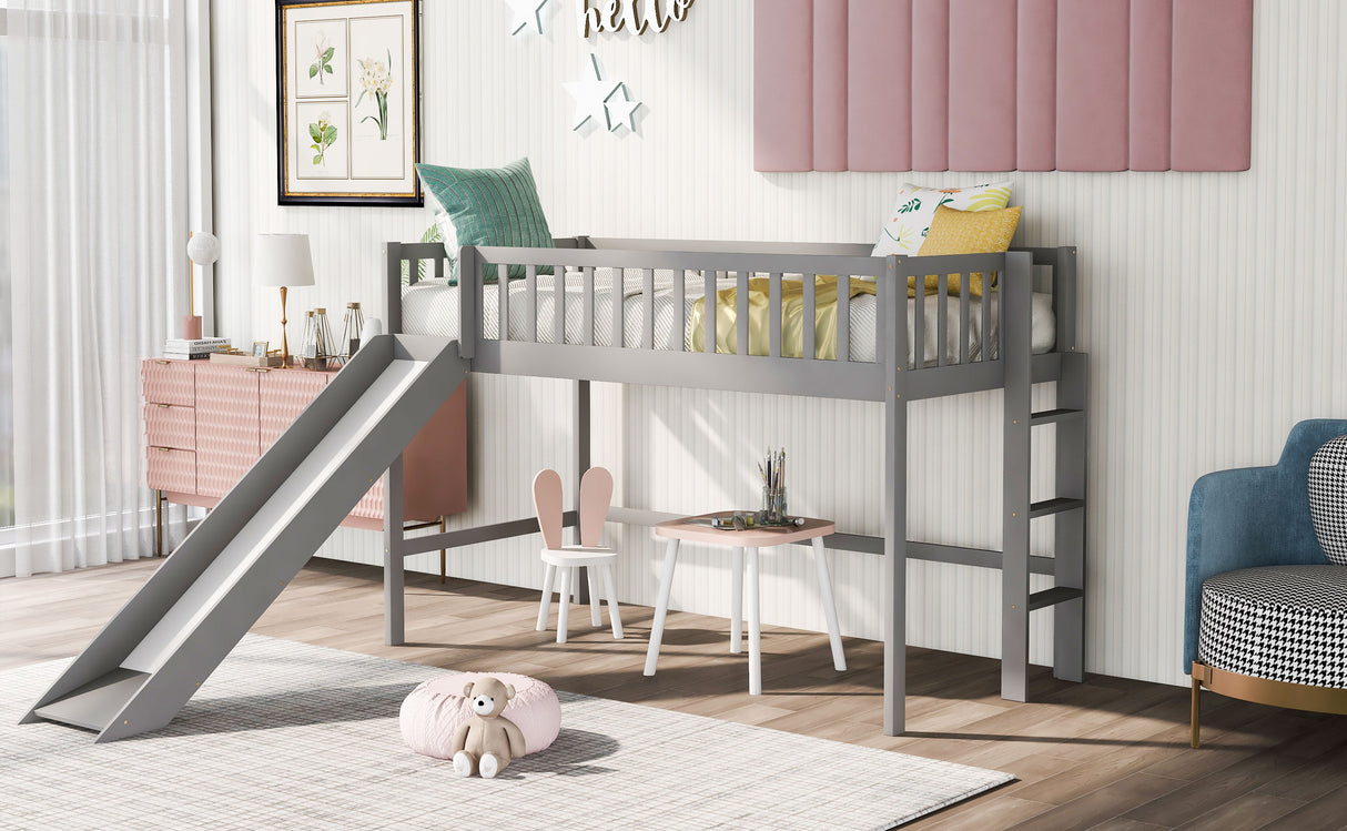 Twin Size Low Loft Bed with Ladder and Slide Gray