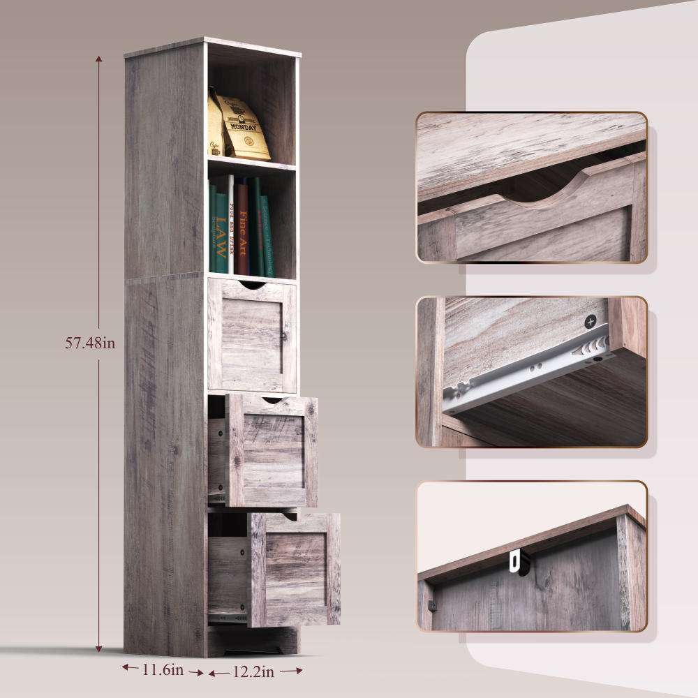 Bathroom Floor Cabinet with 3 Drawers 2 Shelves, Tall Narrow Bathroom Kitchen Pantry Storage Cabinet with Open Compartment Grey - V.I.P Digital Presence