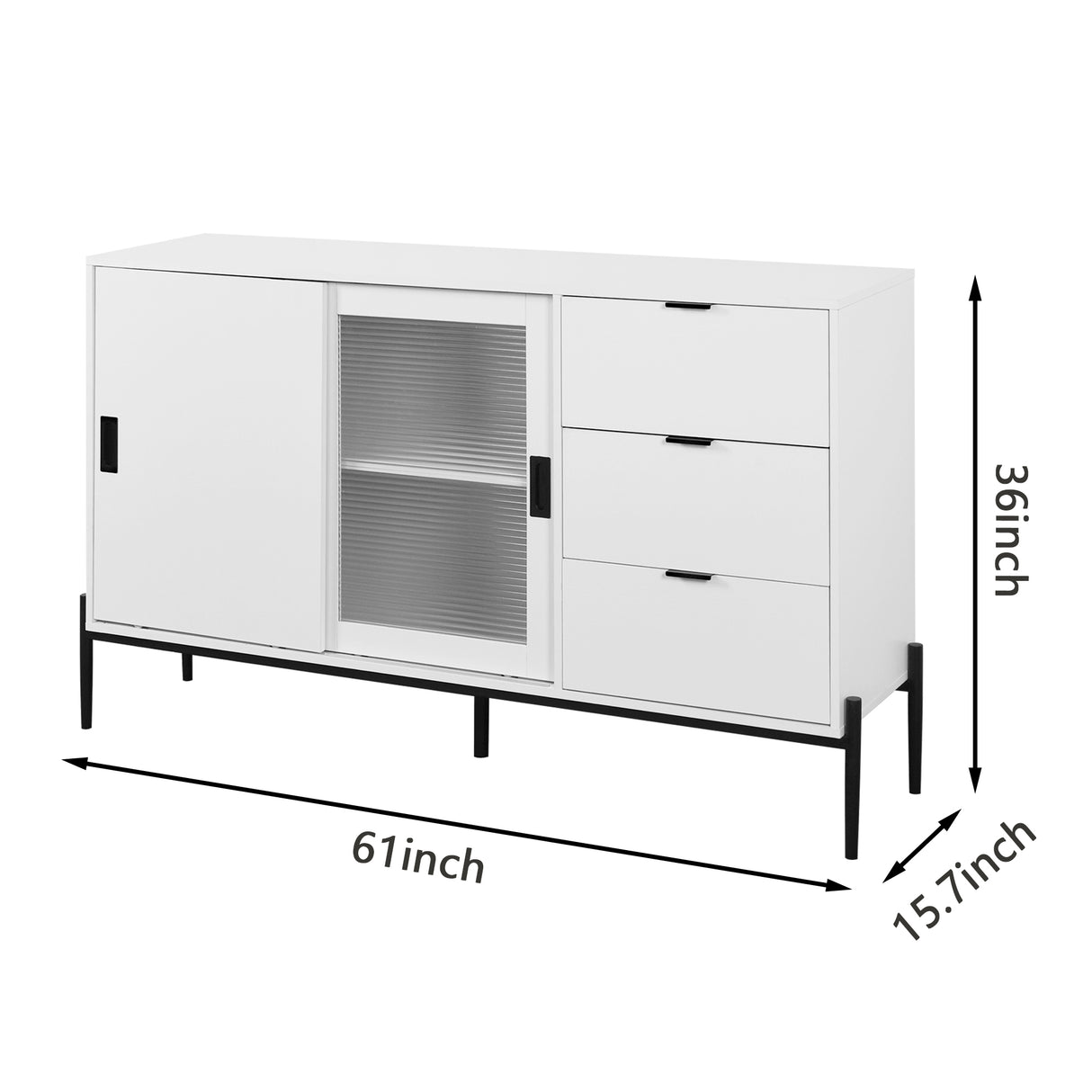 Modern characteristic storage cabinet side panel with glass sliding door and 3 drawers, dining table cabinet in white color - V.I.P Digital Presence