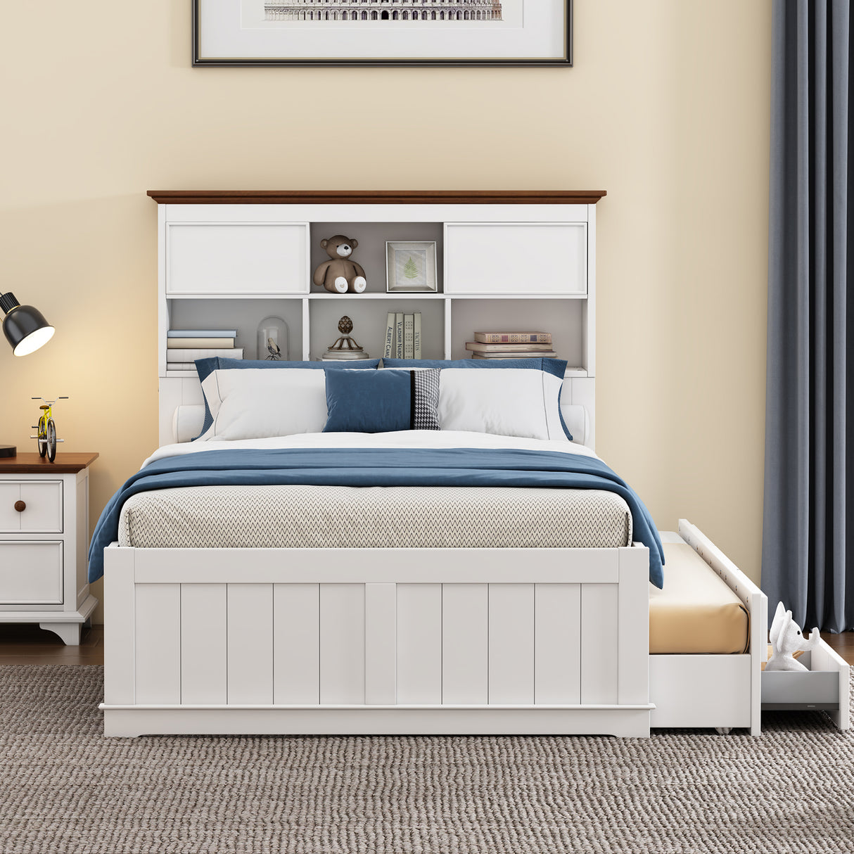 Solid Pine Captain Bookcase Bed with Trundle Bed and 3 Spacious Under Bed Drawers in Casual,Full, White+Walnut - V.I.P Digital Presence